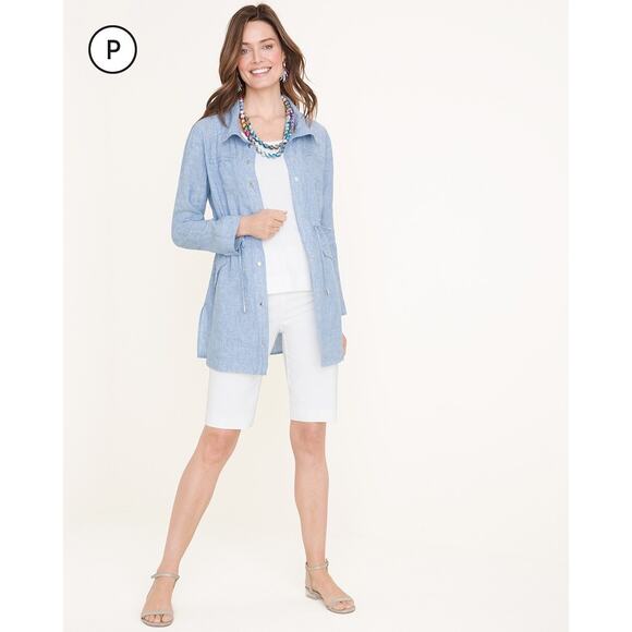 Chico’s Cross Dye Blue Linen Drawstring Utility Jacket Size L - Picture 1 of 11